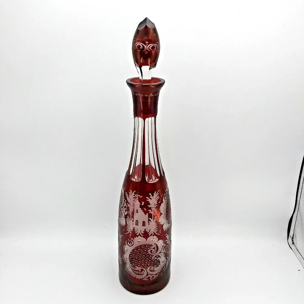 Czechoslovakia 15" Decanter Christmas Holiday Cranberry Red Crystal Cut to clear - Picture 3 of 10